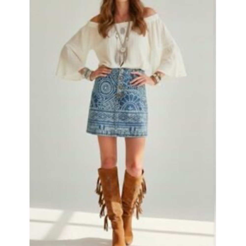Free People Skirt Womens 6 Blue Denim Button Front Mini‎ Bandana Boho Festival